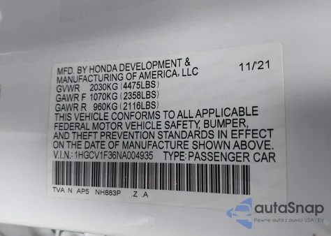 2022 Honda Accord Sport z USA, uszkodzony, nr VIN 1HGCV1F36NA004935